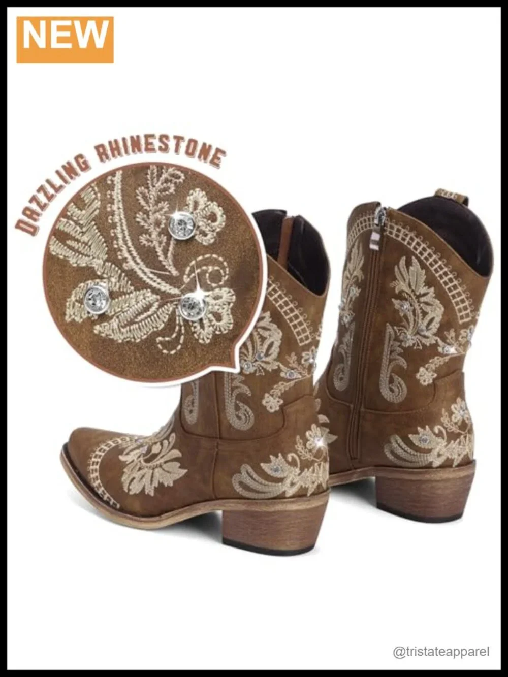 Women's Ankle Cowboy Boots – PU Leather, Pointed Toe, Block Heel, Sparkly